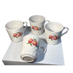 CorningWare Mugs Chutney White Swirl Mugs Fruit Design Lot of 4 Corelle